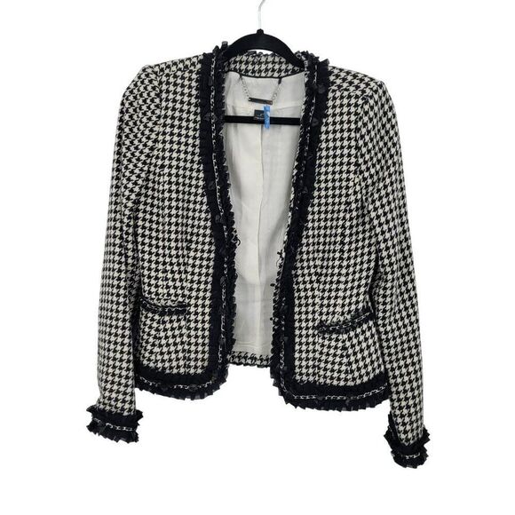 WHBM  Womens Wool Blend Houndstooth Blazer Sz 2 Ruffle Chain Fringe Trim Black - Picture 1 of 15